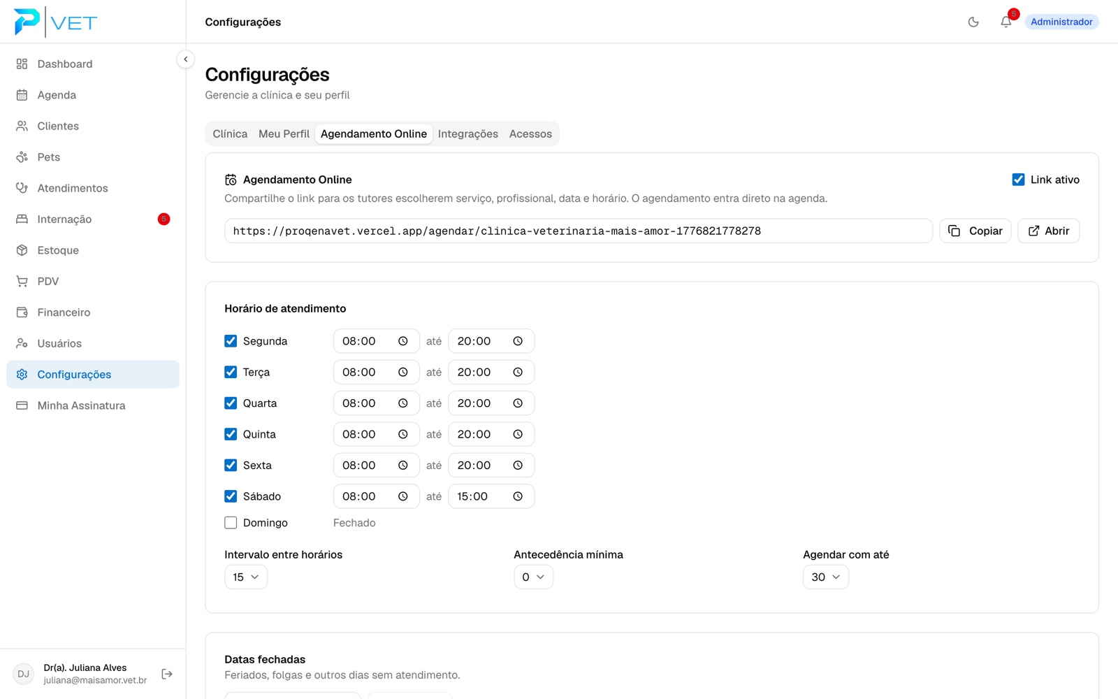 Configuração do agendamento online com horário de atendimento por dia da semana