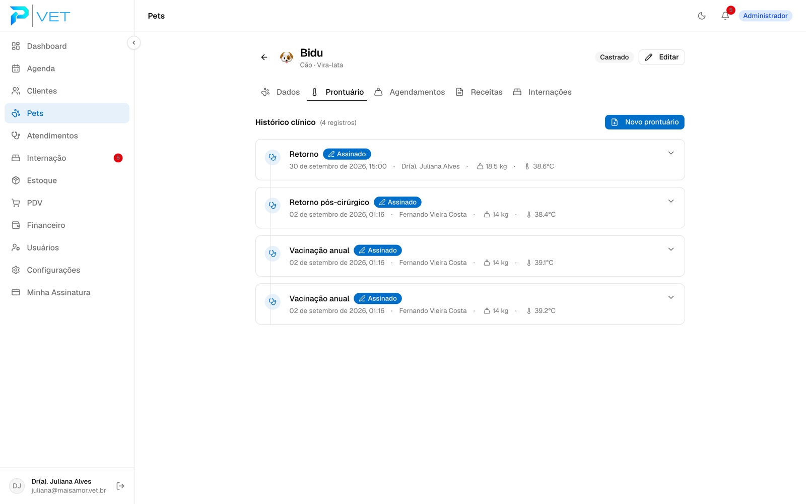 Ficha do pet Bidu com histórico clínico assinado