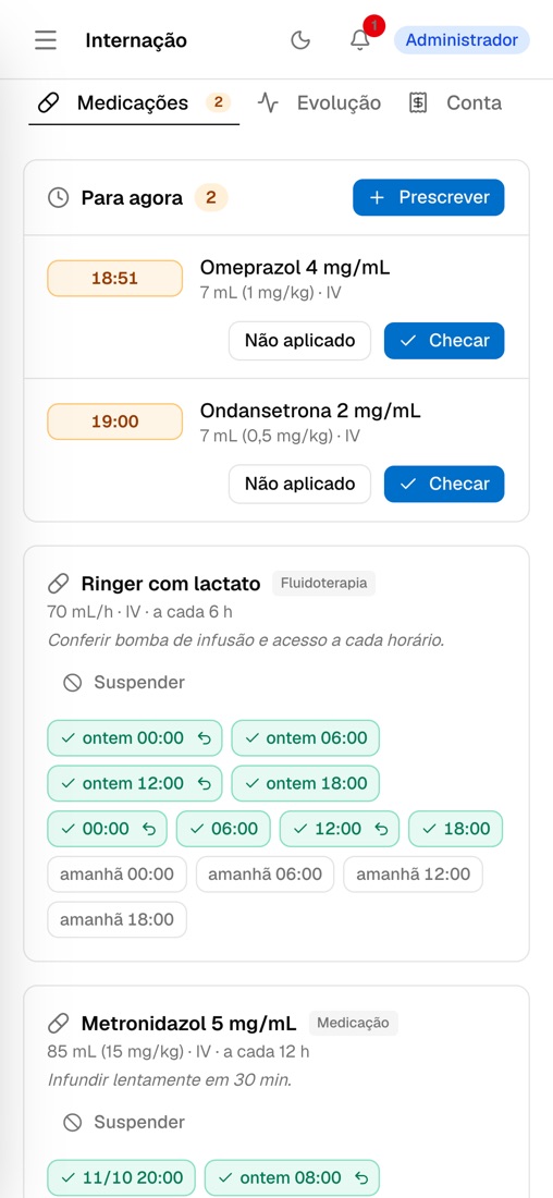 Medicações do Rex no celular, com os botões Checar e Não aplicado