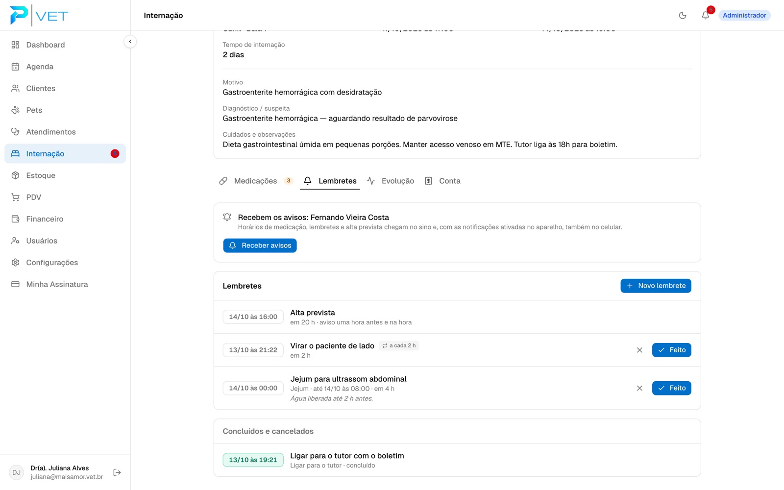 Aba de lembretes do Rex com alta prevista, lembrete repetido e jejum para ultrassom
