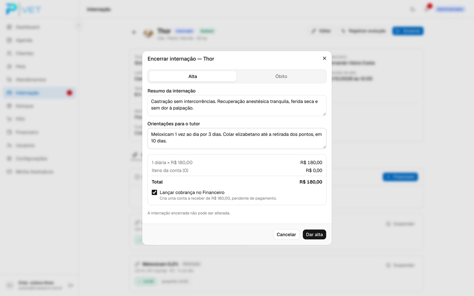 Janela de alta do Thor com resumo, orientações e cobrança